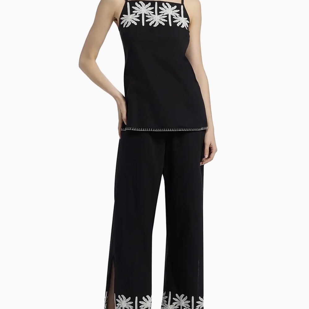 Johnny Was Black and White Embroidered Wide Leg Pants And Top Set